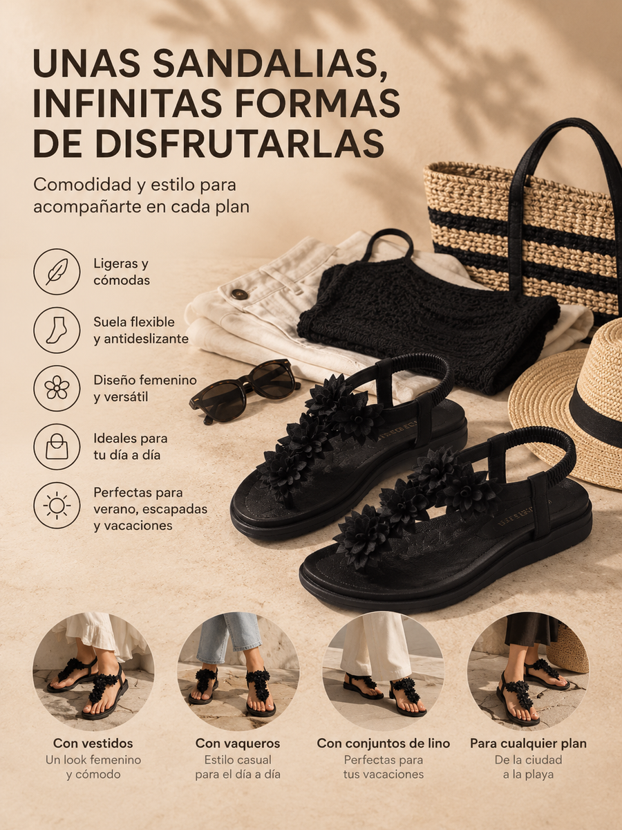 CONNIE | SANDALIAS PLANAS CON FLORES DE RASO