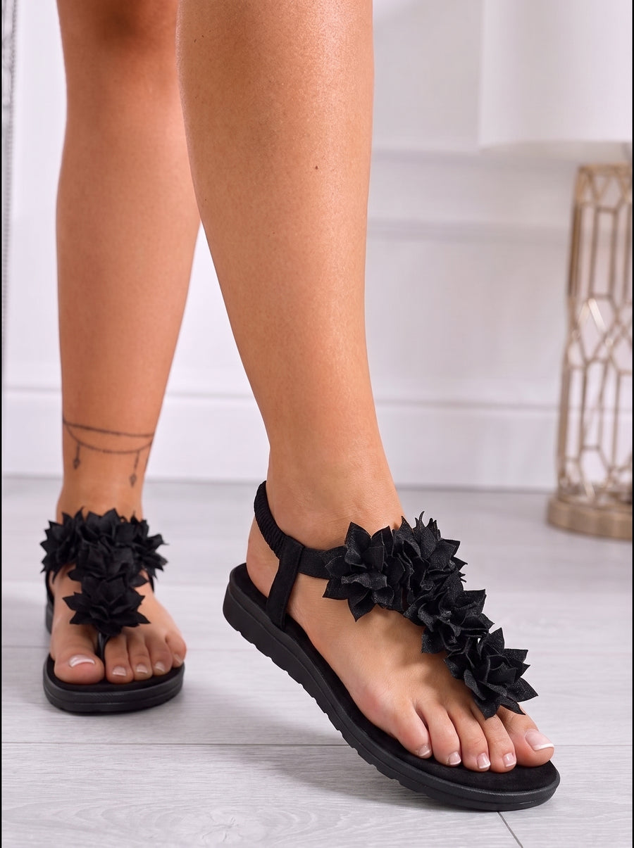 CONNIE | SANDALIAS PLANAS CON FLORES DE RASO