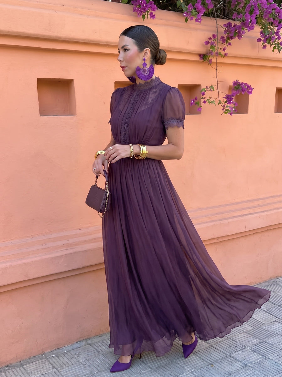 CAYETANA | VESTIDO LARGO DE CHIFÓN CON CUELLO ALTO