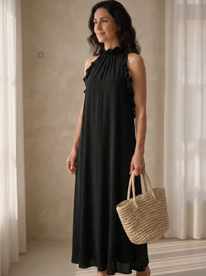 LUA | VESTIDO LARGO NEGRO CON DETALLE DE FRUNCIDO