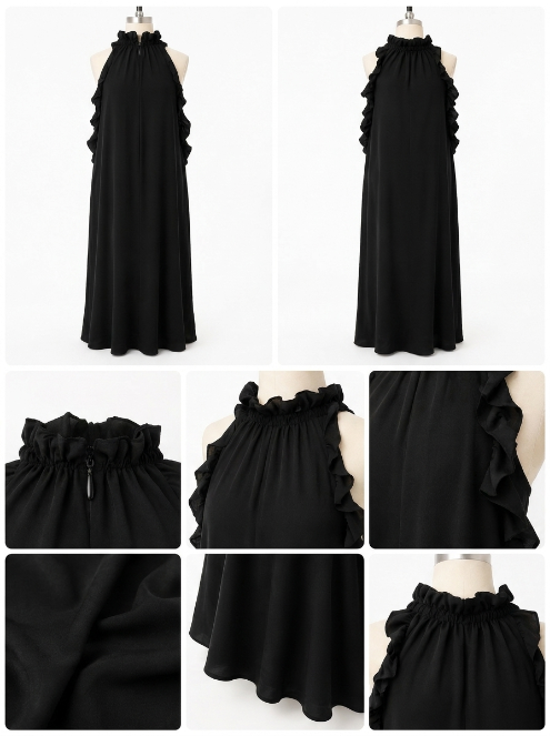 LUA | VESTIDO LARGO NEGRO CON DETALLE DE FRUNCIDO