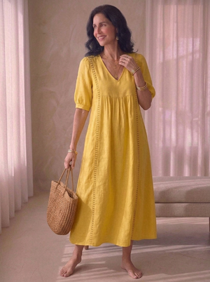 SOFÍA | VESTIDO MIDI AMARILLO CON MANGAS ABULLONADAS
