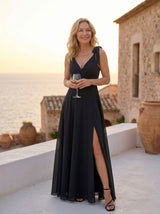 Olivia | Vestido Largo Negro con Lazos al Hombro