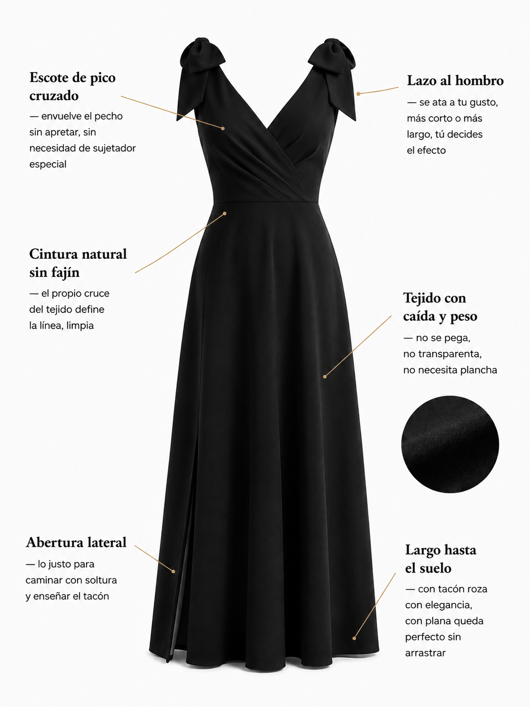 Olivia | Vestido Largo Negro con Lazos al Hombro