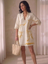 HELENA | VESTIDO CORTO CON CUELLO MAO Y ESTAMPADO DORADO